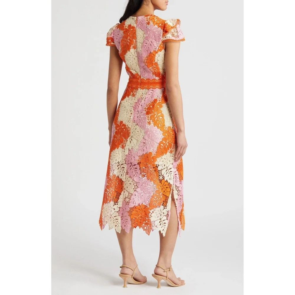 Adelyn Rae Crochet Lace Midi Dress XS Floral Orange Pink Boho‎ V-Neck